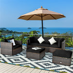 6PCS Rattan Patio Sectional Furniture Set with Glass Side Table, Ottoman & Cushions, Wicker Outdoor Sofa Seating Group for Garden Yard