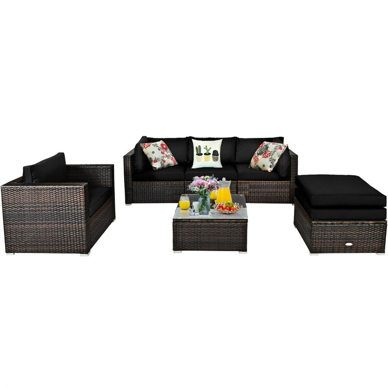 6PCS Rattan Patio Sectional Furniture Set with Glass Side Table, Ottoman & Cushions, Wicker Outdoor Sofa Seating Group for Garden Yard