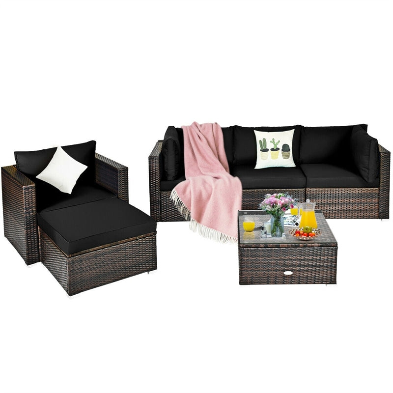 6PCS Rattan Outdoor Sectional Set, Patio Wicker Sofa with Cushions, Glass Coffee Table & Ottoman for Garden Backyard Lounge Conversation