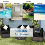 6PCS Rattan Patio Sectional Furniture Set with Glass Side Table, Ottoman & Cushions, Wicker Outdoor Sofa Seating Group for Garden Yard