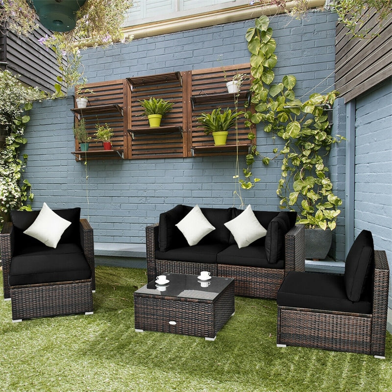 6PCS Rattan Outdoor Sectional Set, Patio Wicker Sofa with Cushions, Glass Coffee Table & Ottoman for Garden Backyard Lounge Conversation