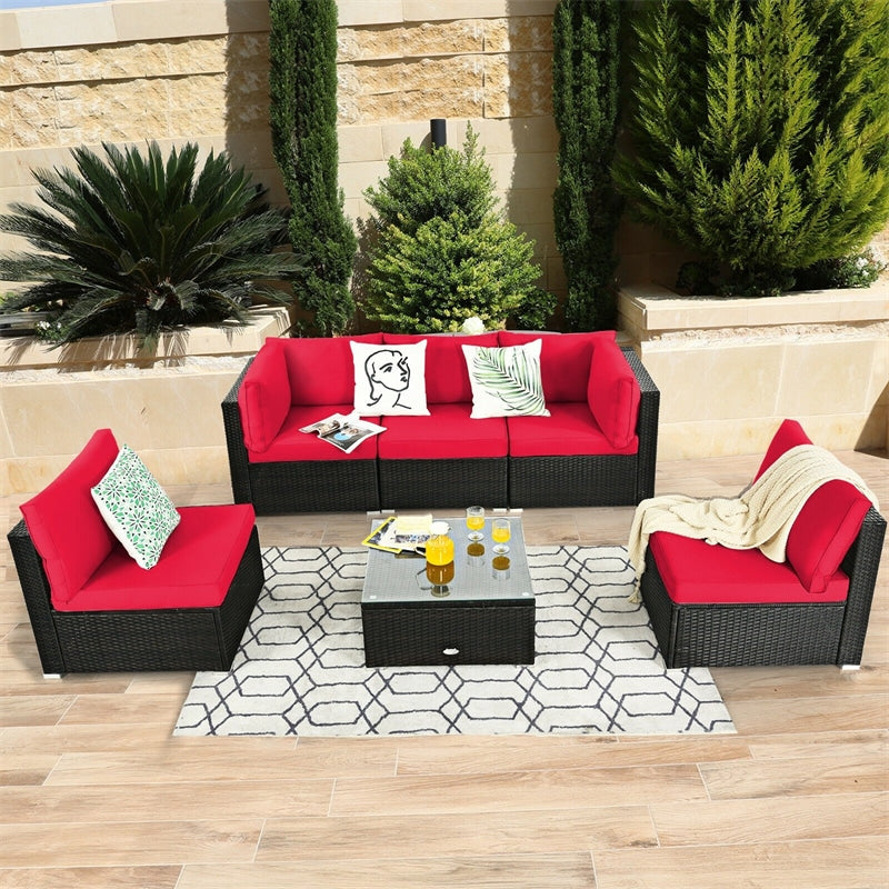 6 Pcs Patio Rattan Conversation Set Wicker Outdoor Sectional Seating Group with Cushions & Coffee Table