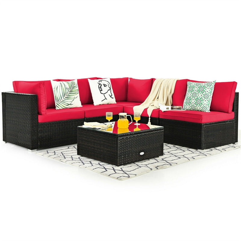 6 Pcs Patio Rattan Conversation Set Wicker Outdoor Sectional Seating Group with Cushions & Coffee Table