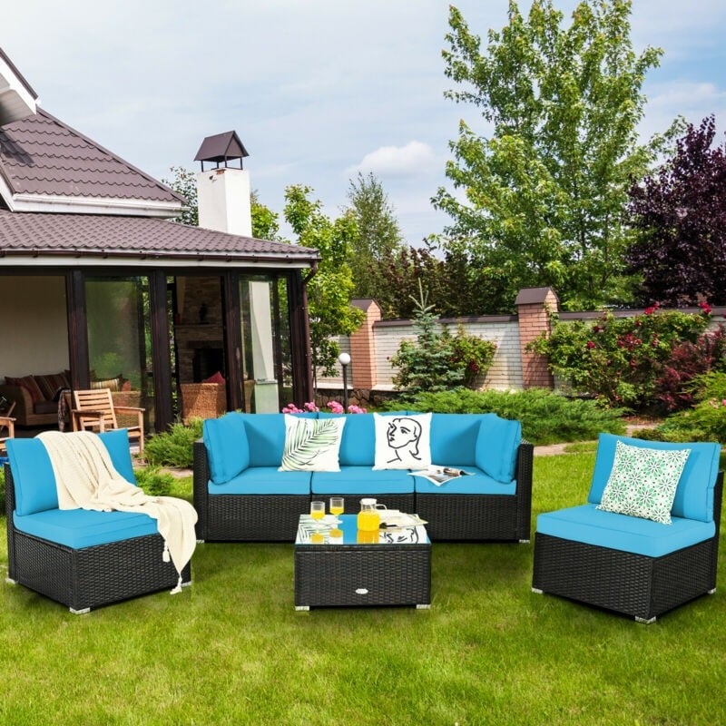 6 Pcs Patio Rattan Conversation Set Wicker Outdoor Sectional Seating Group with Cushions & Coffee Table