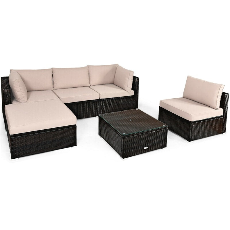 6PCS Patio Rattan Furniture Set Outdoor Wicker Sectional Sofa Conversation Set with Ottoman, Cushions, Coffee Table for Deck Lawn Backyard