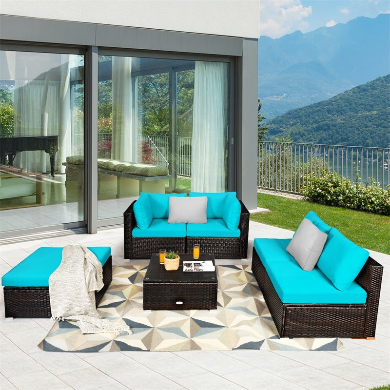 6PCS Patio Rattan Furniture Set Outdoor Wicker Sectional Sofa Conversation Set with Ottoman, Cushions, Coffee Table for Deck Lawn Backyard