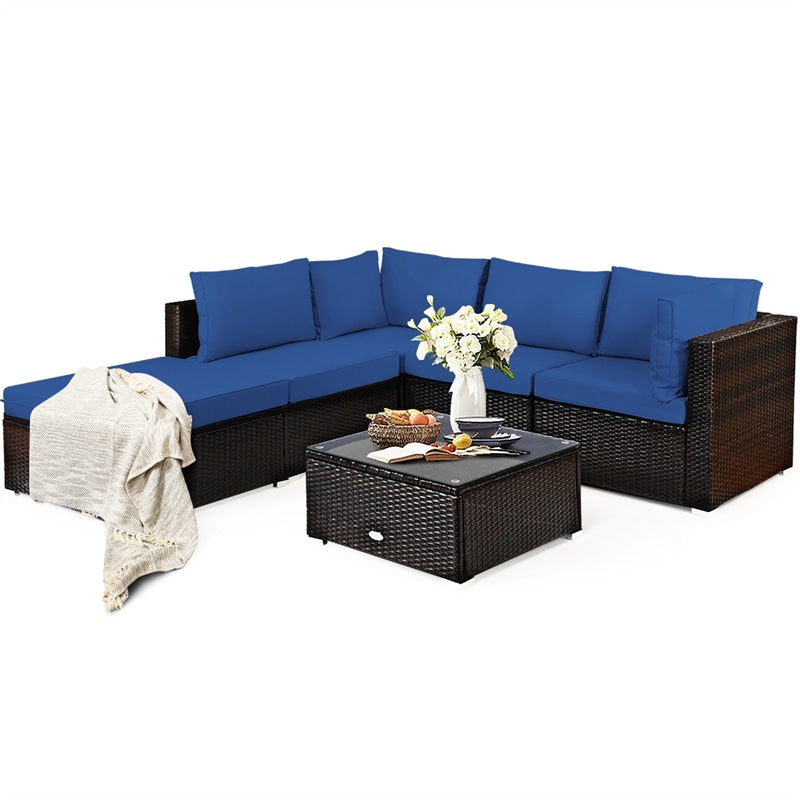 6PCS Patio Rattan Furniture Set Outdoor Wicker Sectional Sofa Conversation Set with Ottoman, Cushions, Coffee Table for Deck Lawn Backyard