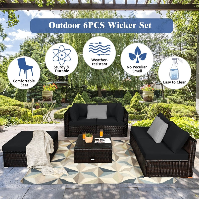 6PCS Patio Rattan Furniture Set Outdoor Wicker Sectional Sofa Conversation Set with Ottoman, Cushions, Coffee Table for Deck Lawn Backyard