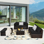 6PCS Patio Rattan Furniture Set Outdoor Wicker Sectional Sofa Conversation Set with Ottoman, Cushions, Coffee Table for Deck Lawn Backyard