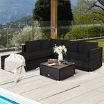 6PCS Patio Rattan Furniture Set Outdoor Wicker Sectional Sofa Conversation Set with Ottoman, Cushions, Coffee Table for Deck Lawn Backyard