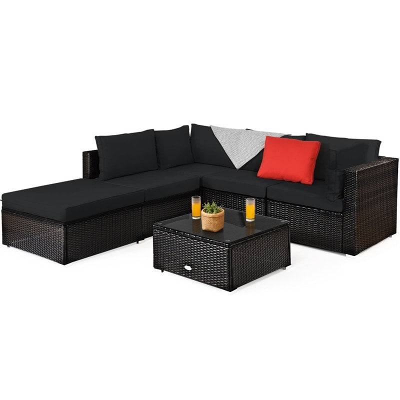 6PCS Patio Rattan Furniture Set Outdoor Wicker Sectional Sofa Conversation Set with Ottoman, Cushions, Coffee Table for Deck Lawn Backyard