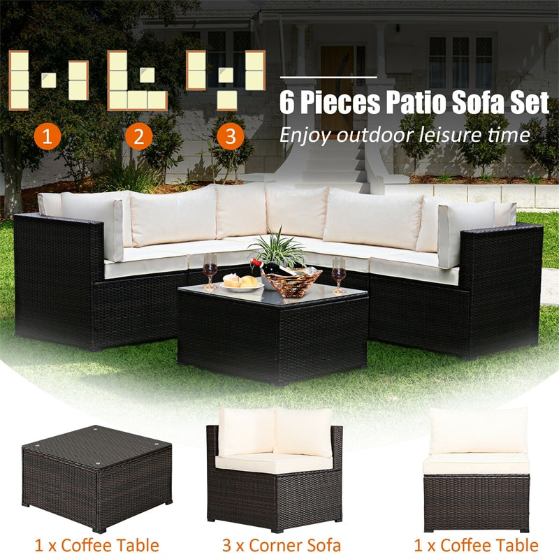 6 Piece Patio Rattan Furniture Set Sectional Sofa with Tempered Glass Coffee Table & Cushions, Outdoor Wicker Conversation Set for Backyard