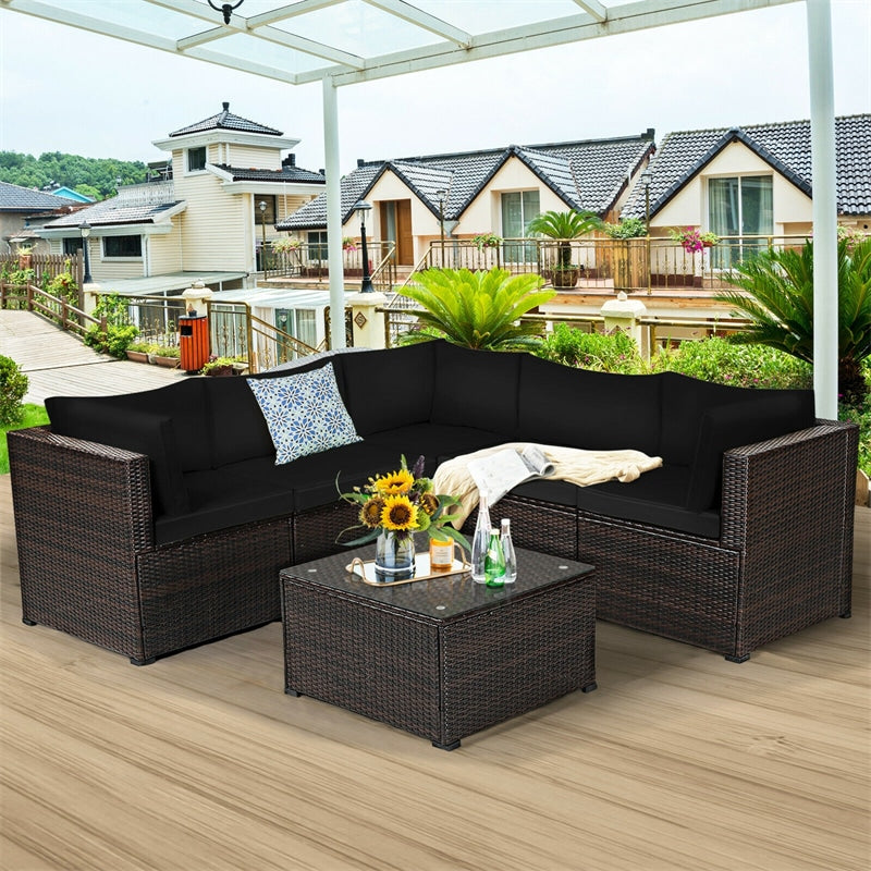 6 Piece Patio Rattan Furniture Set Sectional Sofa with Tempered Glass Coffee Table & Cushions, Outdoor Wicker Conversation Set for Backyard