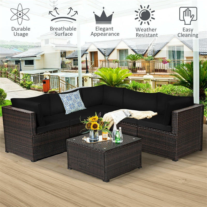 6 Piece Patio Rattan Furniture Set Sectional Sofa with Tempered Glass Coffee Table & Cushions, Outdoor Wicker Conversation Set for Backyard