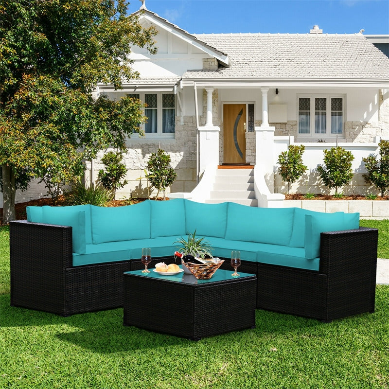 6 Piece Patio Rattan Furniture Set Sectional Sofa with Tempered Glass Coffee Table & Cushions, Outdoor Wicker Conversation Set for Backyard