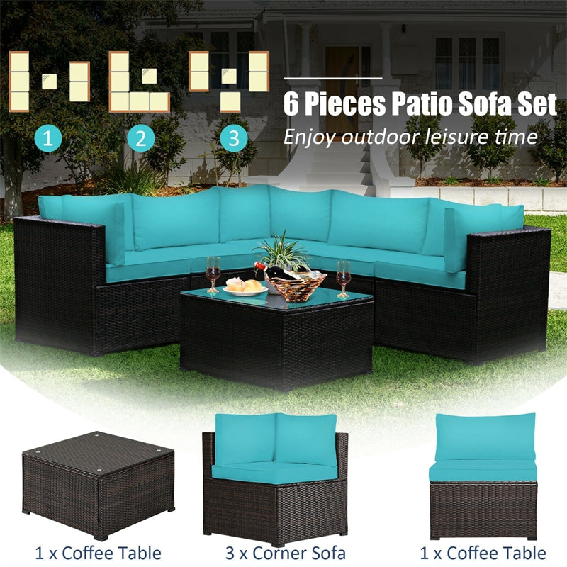 6 Piece Patio Rattan Furniture Set Sectional Sofa with Tempered Glass Coffee Table & Cushions, Outdoor Wicker Conversation Set for Backyard