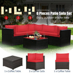 6 Piece Patio Rattan Furniture Set Sectional Sofa with Tempered Glass Coffee Table & Cushions, Outdoor Wicker Conversation Set for Backyard