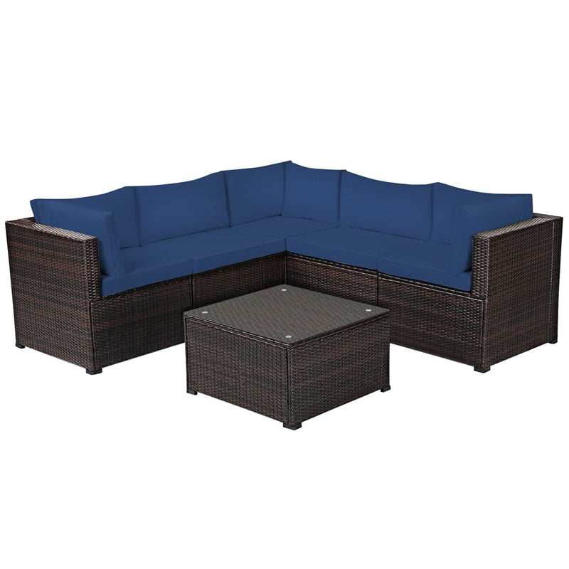 6 Piece Patio Rattan Furniture Set Sectional Sofa with Tempered Glass Coffee Table & Cushions, Outdoor Wicker Conversation Set for Backyard