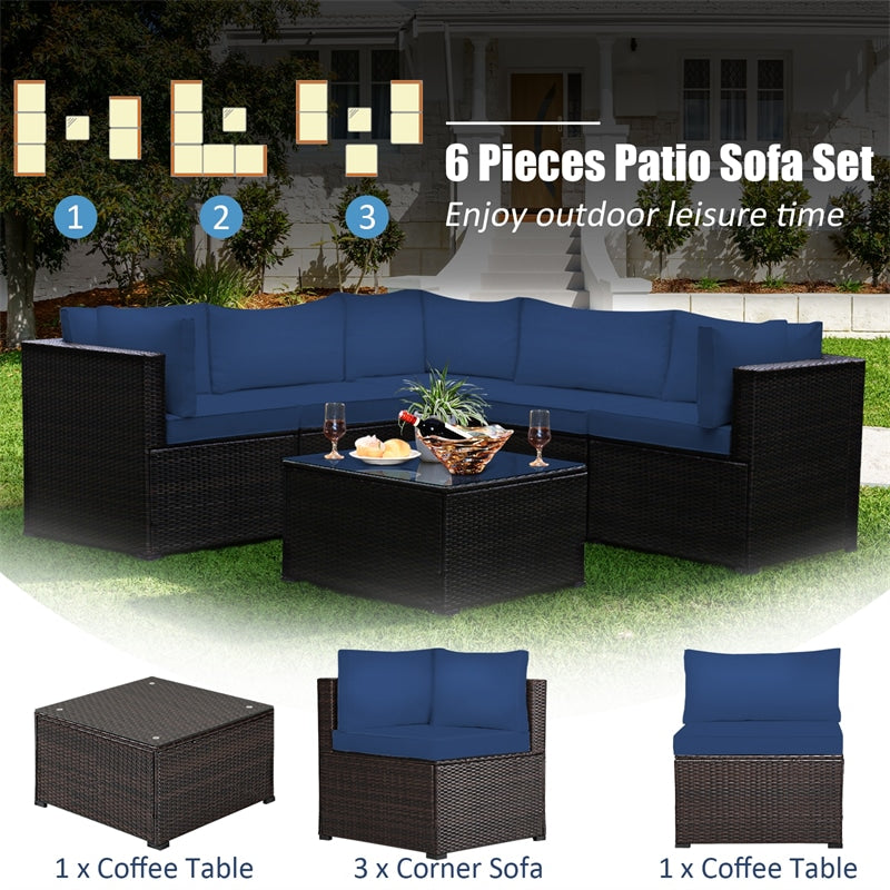 6 Piece Patio Rattan Furniture Set Sectional Sofa with Tempered Glass Coffee Table & Cushions, Outdoor Wicker Conversation Set for Backyard