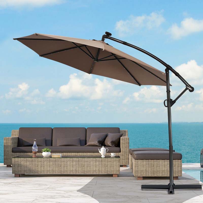 10FT Offset Patio Umbrella Solar Powered LED Outdoor Market Umbrella 360 Degree Rotation with Crank Handle & Cross Base