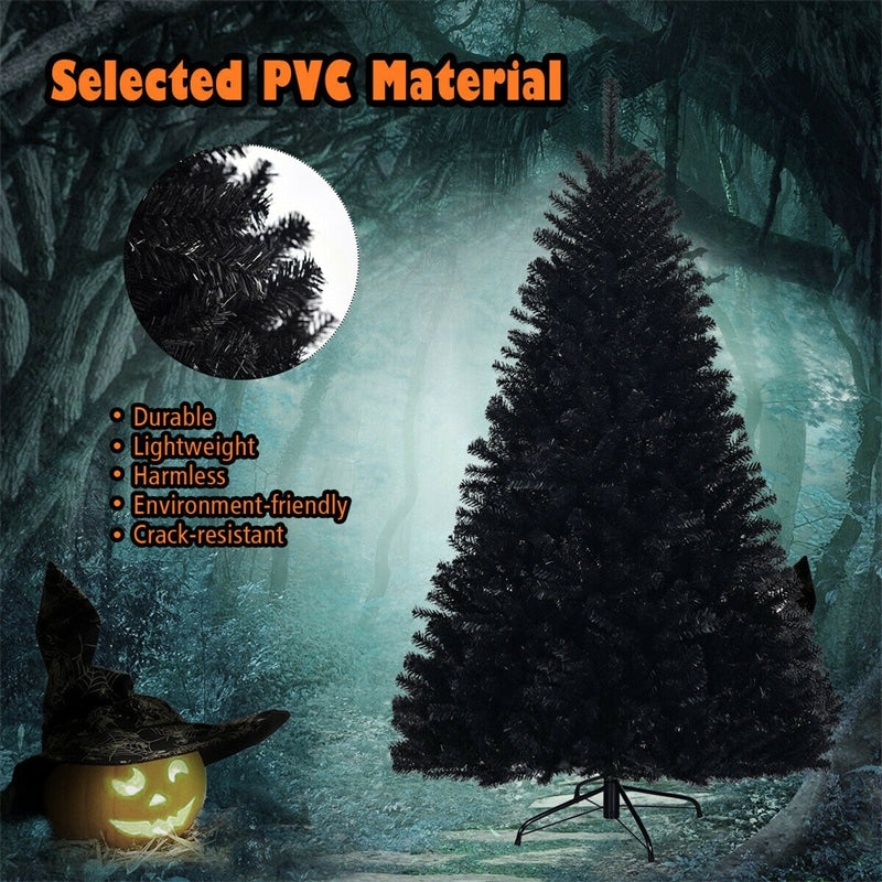 6FT Black Artificial Christmas Tree Unlit Halloween Tree with 1036 Branch Tips & Metal Stand, Hinged Xmas Full Tree for Holiday Decor Carnival Party