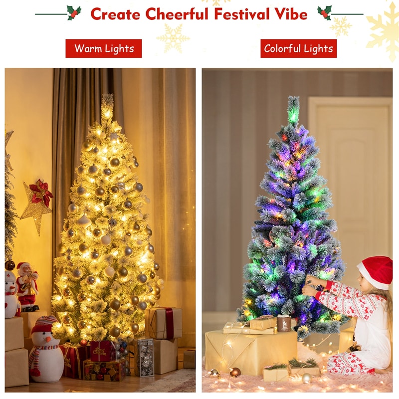 6FT Snow Flocked Christmas Tree Pre-lit Artificial Pine Tree with Remote Control, 200 LED Lights 9 Lighting Modes, Foldable Metal Stand for Home Decor