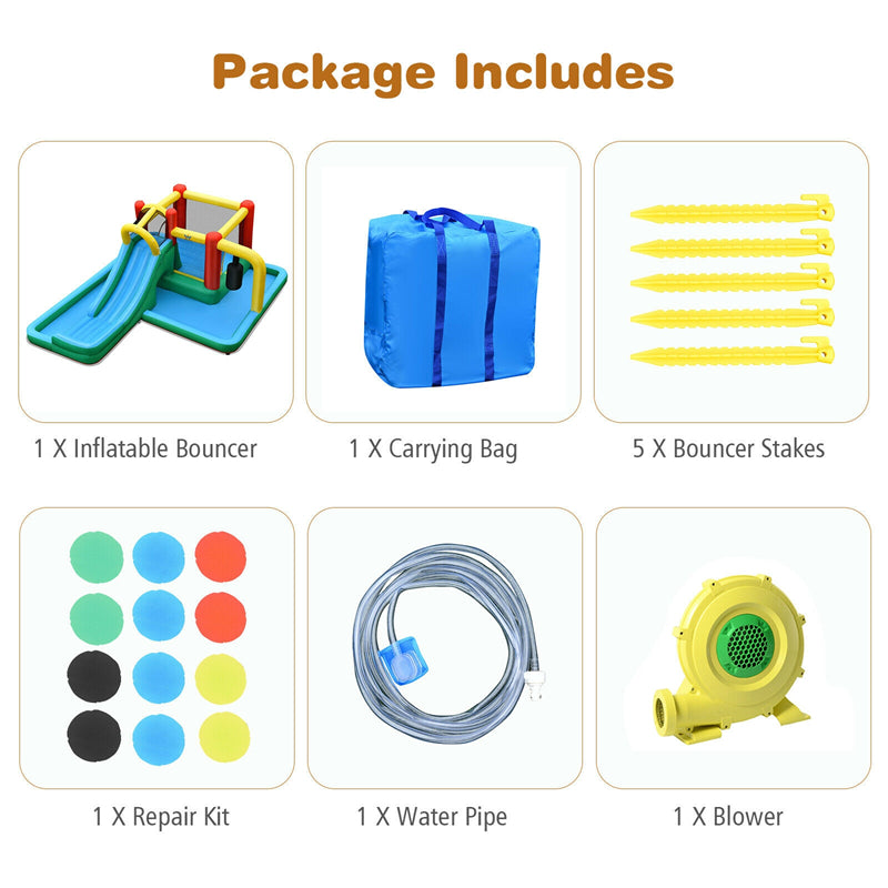 Inflatable Water Slide Kids Giant Jumping Bounce House Water Park with Splash Pool, 735W Blower, Crawling Tunnel, Pendulum for Backyard Party Fun