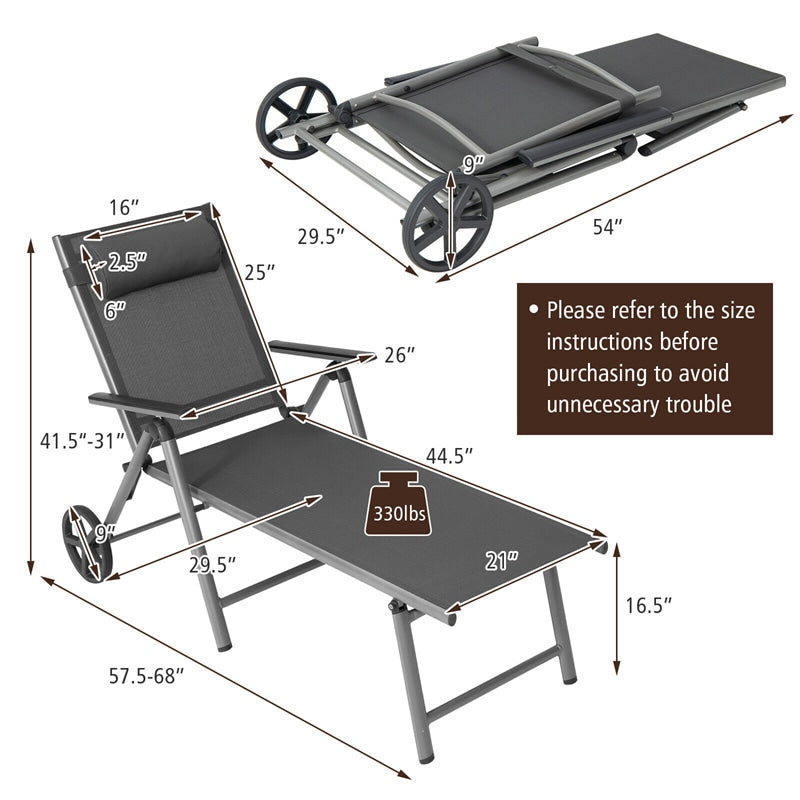 Aluminum Outdoor Chaise Lounge Folding Patio Lounge Chair 7-Position Adjustable Backrest Sun Lounger with 2 Wheels & Removable Headrest