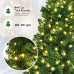 7.5FT Pre-Lit Artificial Christmas Tree Green Hinged Xmas Tree with 400 Warm White LED Lights, 1346 Branch Tips & Metal Foldable Stand