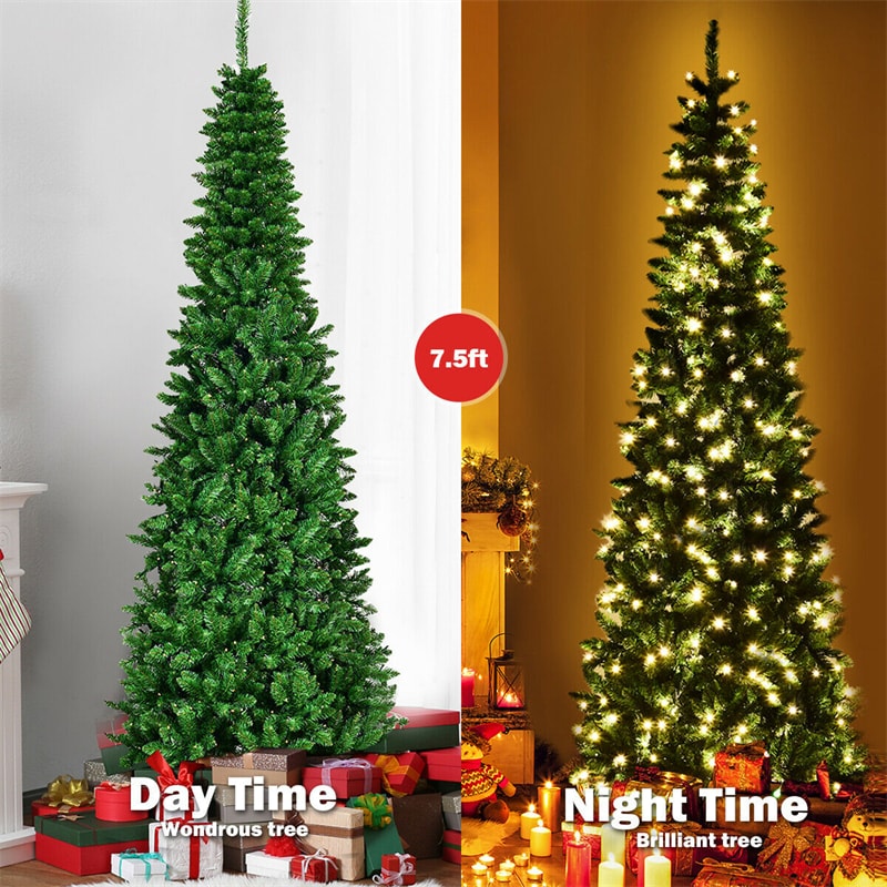 7.5FT Pre-Lit Slim Pencil Christmas Tree, Premium Hinged Fir Xmas Tree with 350 Warm White LED Lights & Metal Stand for Home Office Holiday Decor