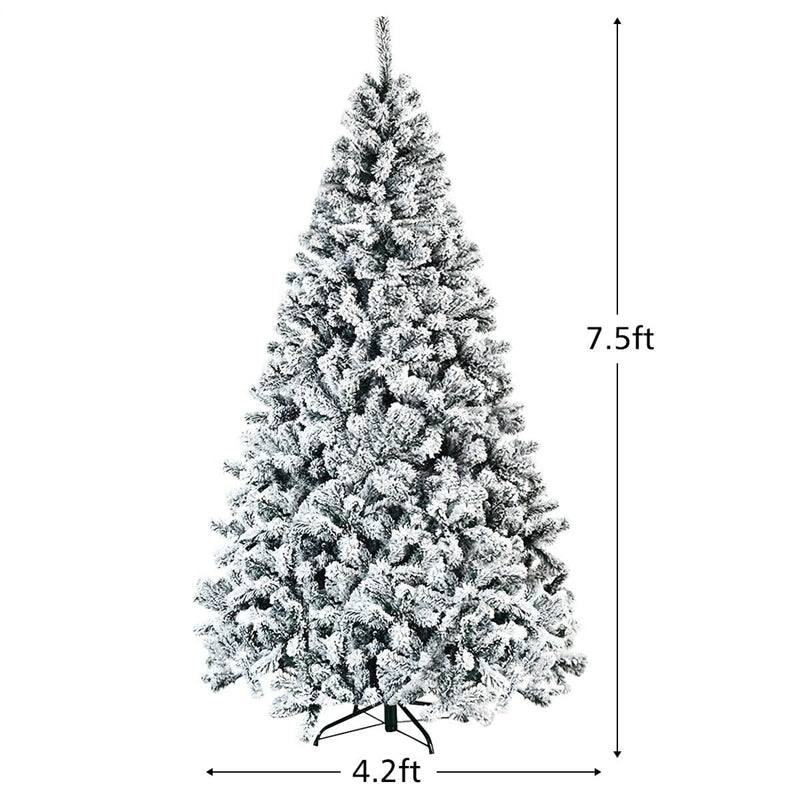 7.5FT Snow Flocked Artificial Christmas Tree, Unlit Hinged Full Xmas Tree with 1010 PVC Branch Tips & Metal Stand for Holiday Decor