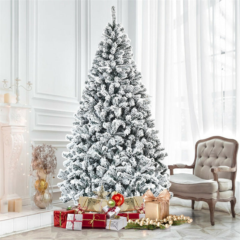 7.5FT Snow Flocked Artificial Christmas Tree, Unlit Hinged Full Xmas Tree with 1010 PVC Branch Tips & Metal Stand for Holiday Decor