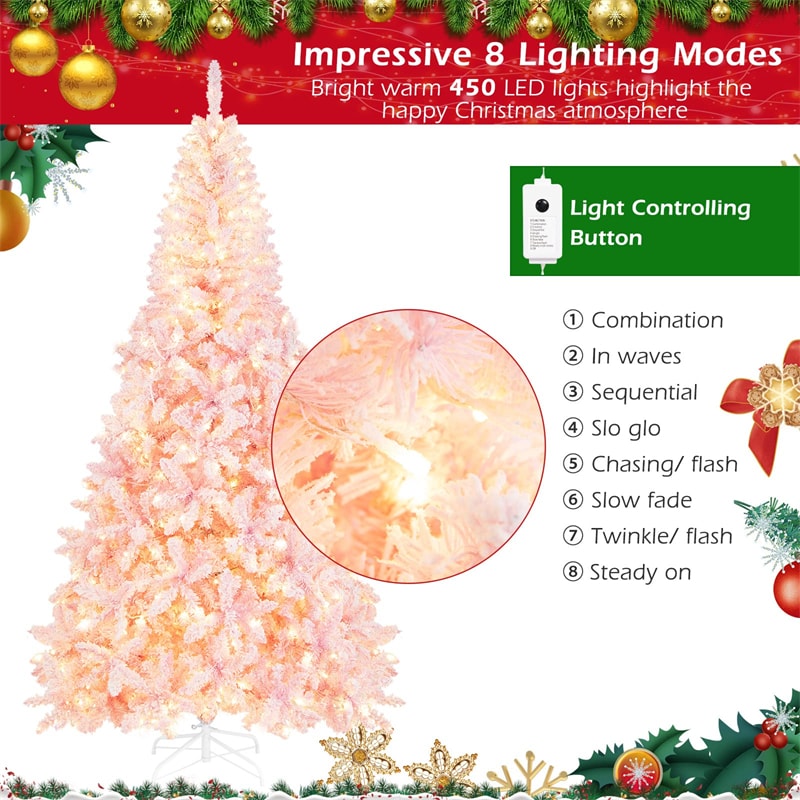 7.5ft Pink Pre-Lit Snow Flocked Christmas Tree with 450 LED Lights 8 Lighting Modes, 1100 PVC Branch Hinged Artificial Xmas Tree for Carnival Decor