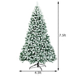 7.5ft Snow Flocked Christmas Tree Pre-Lit Hinged Artificial Tree with 550 Warm LED Lights, 1346 Branch Tips, Folding Metal Stand for Holiday Decor