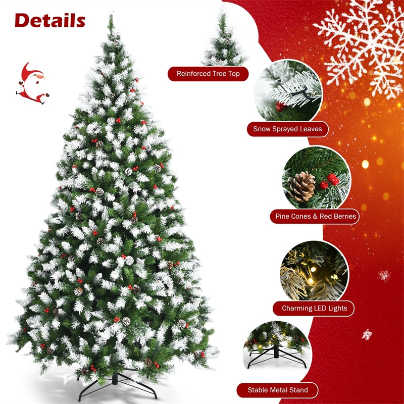 7.5ft Pre-lit Snow Flocked Christmas Tree Hinged Xmas Tree with 550 LED Lights, 8 Lighting Modes, Pine Cones & Red Berries for Holiday Festival Decor