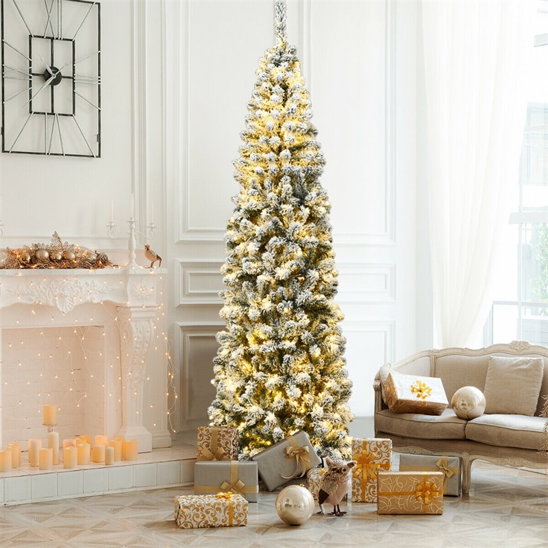 7.5ft Pre-lit Snow Flocked Artificial Pencil Christmas Tree with 350 LED Lights and Metal Stand