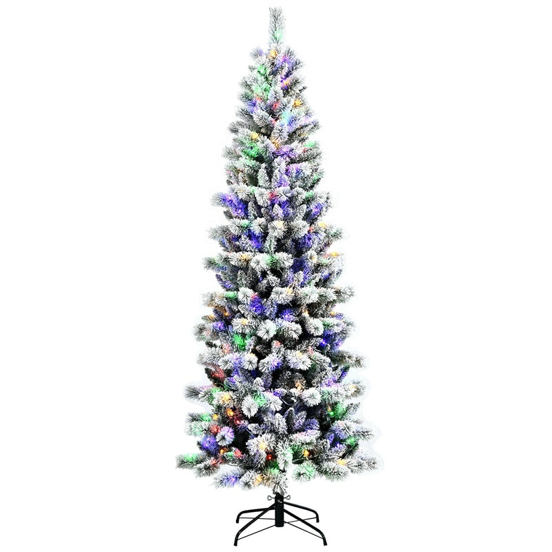 7.5ft Pre-lit Snow Flocked Christmas Tree Premium Hinged Artificial Pine Tree with 300 Multicolor LED Lights, Remote Controller, Foldable Metal Stand