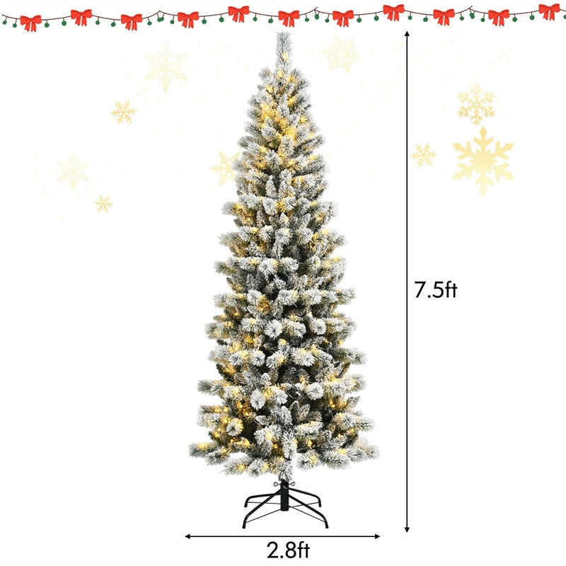 7.5ft Pre-lit Snow Flocked Christmas Tree Premium Hinged Artificial Pine Tree with 300 Multicolor LED Lights, Remote Controller, Foldable Metal Stand