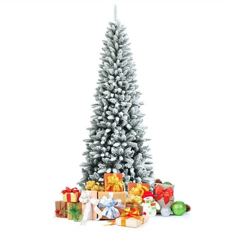 7.5ft Snow Flocked Pencil Christmas Tree Hinged Artificial Slim Xmas Tree with 1189 Branch Tips & Metal Stand