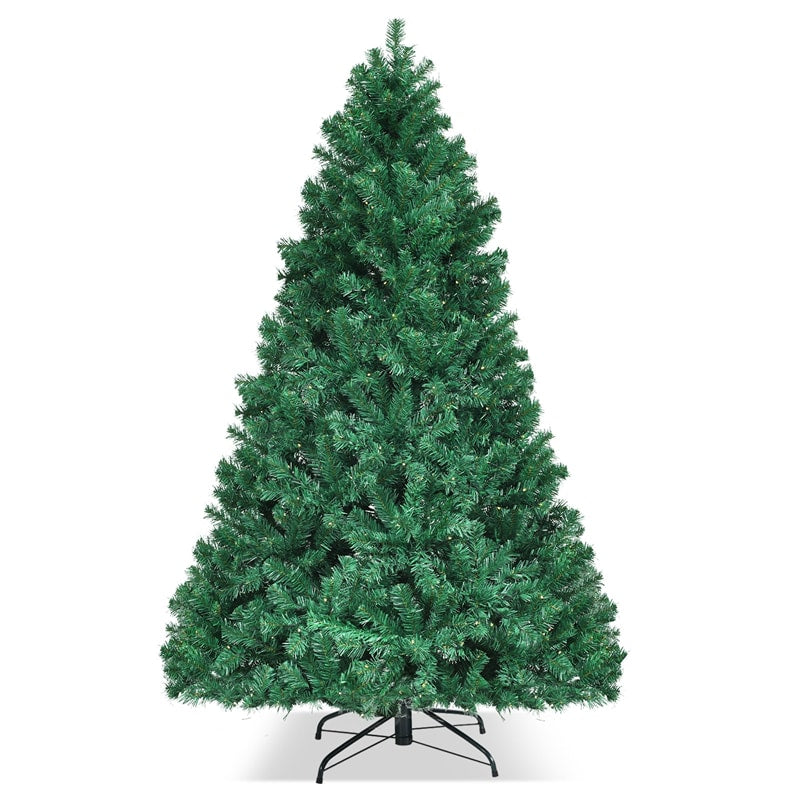 7FT Pre-lit Artificial Christmas Tree Green Hinged Xmas Tree with 300 Warm White LED Lights, 1096 Branch Tips & Metal Foldable Stand for Holiday Decor