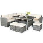 7 PCS Resin Wicker Outdoor Sectional Sofa Set Rattan Patio Seating Group with Dining Table, Ottomans & Cushions