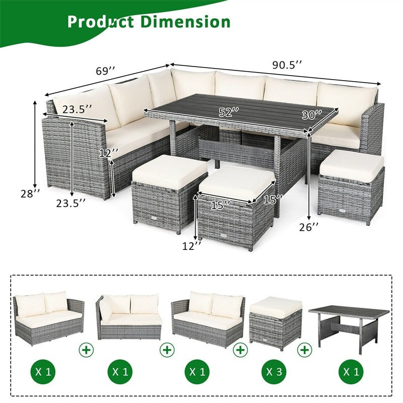 7 PCS Resin Wicker Outdoor Sectional Sofa Set Rattan Patio Seating Group with Dining Table, Ottomans & Cushions