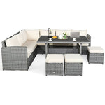 7 PCS Resin Wicker Outdoor Sectional Sofa Set Rattan Patio Seating Group with Dining Table, Ottomans & Cushions