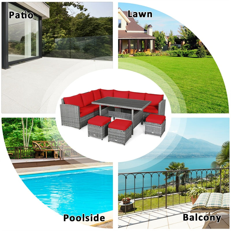 7 PCS Resin Wicker Outdoor Sectional Sofa Set Rattan Patio Seating Group with Dining Table, Ottomans & Cushions