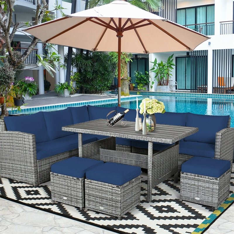 7 PCS Resin Wicker Outdoor Sectional Sofa Set Rattan Patio Seating Group with Dining Table, Ottomans & Cushions