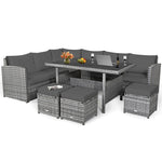 7 PCS Resin Wicker Outdoor Sectional Sofa Set Rattan Patio Seating Group with Dining Table, Ottomans & Cushions