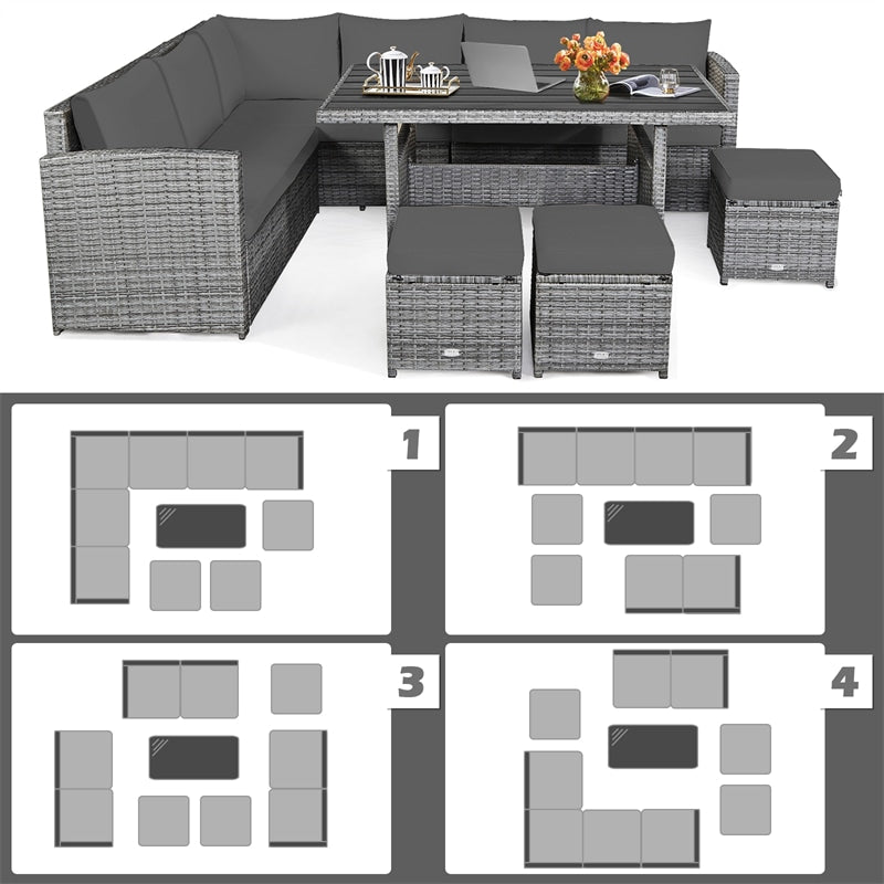 7 PCS Resin Wicker Outdoor Sectional Sofa Set Rattan Patio Seating Group with Dining Table, Ottomans & Cushions