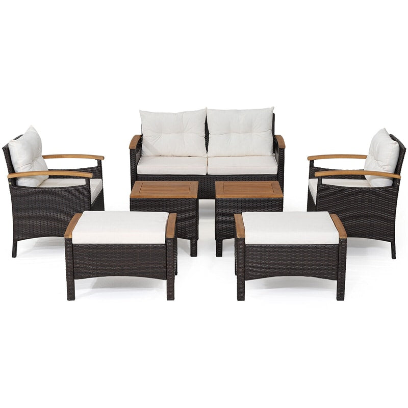 7 Piece Rattan Patio Sofa Set Wicker Furniture Set with 2 Coffee Tables, 2 Ottomans, Seat & Back Cushions, Outdoor Conversation Set for Garden Yard