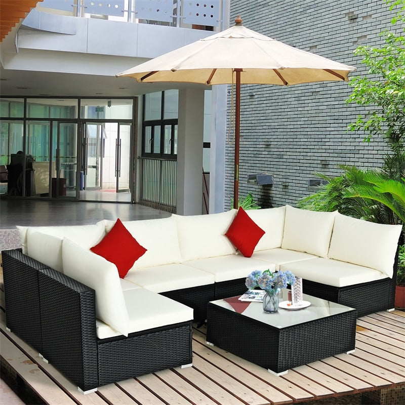 7 Piece Wicker Outdoor Sectional Sofa Set, Rattan Patio Conversation Furniture Set with Glass Coffee Table, Pillows & Cushions for Garden