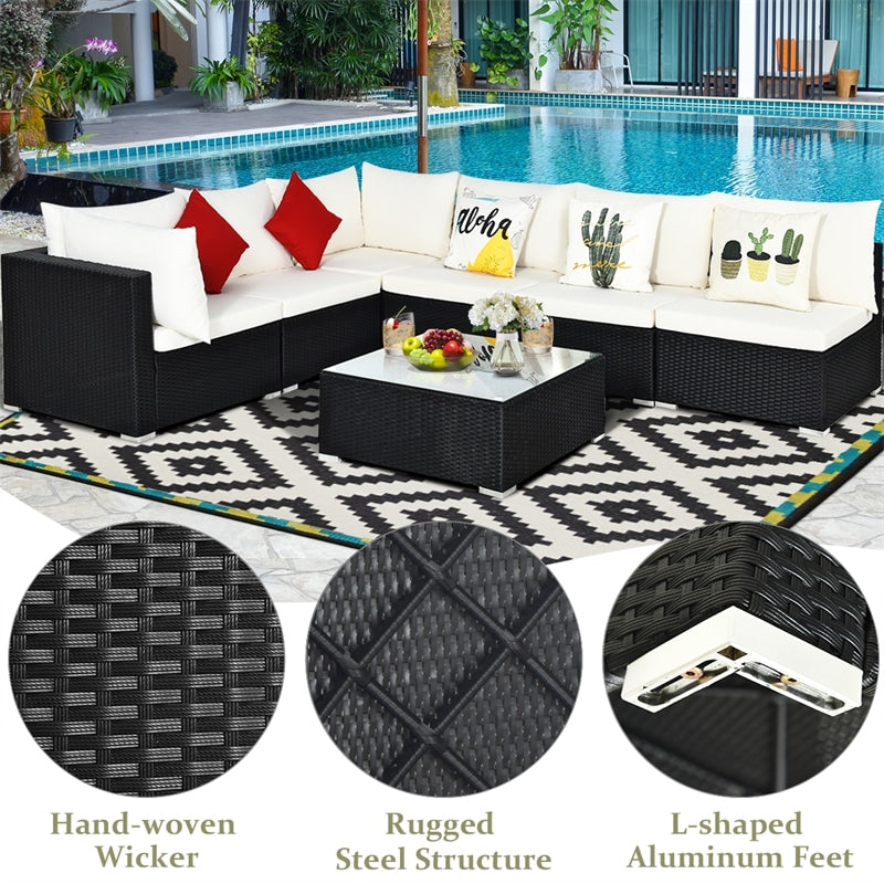 7 Piece Wicker Outdoor Sectional Sofa Set, Rattan Patio Conversation Furniture Set with Glass Coffee Table, Pillows & Cushions for Garden